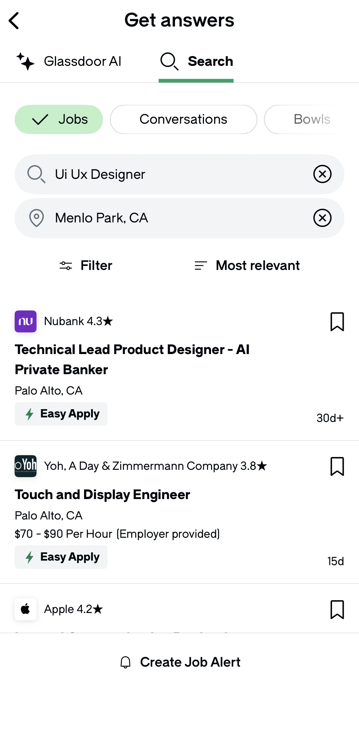 Glassdoor Screen screen in the Filtering search results flow