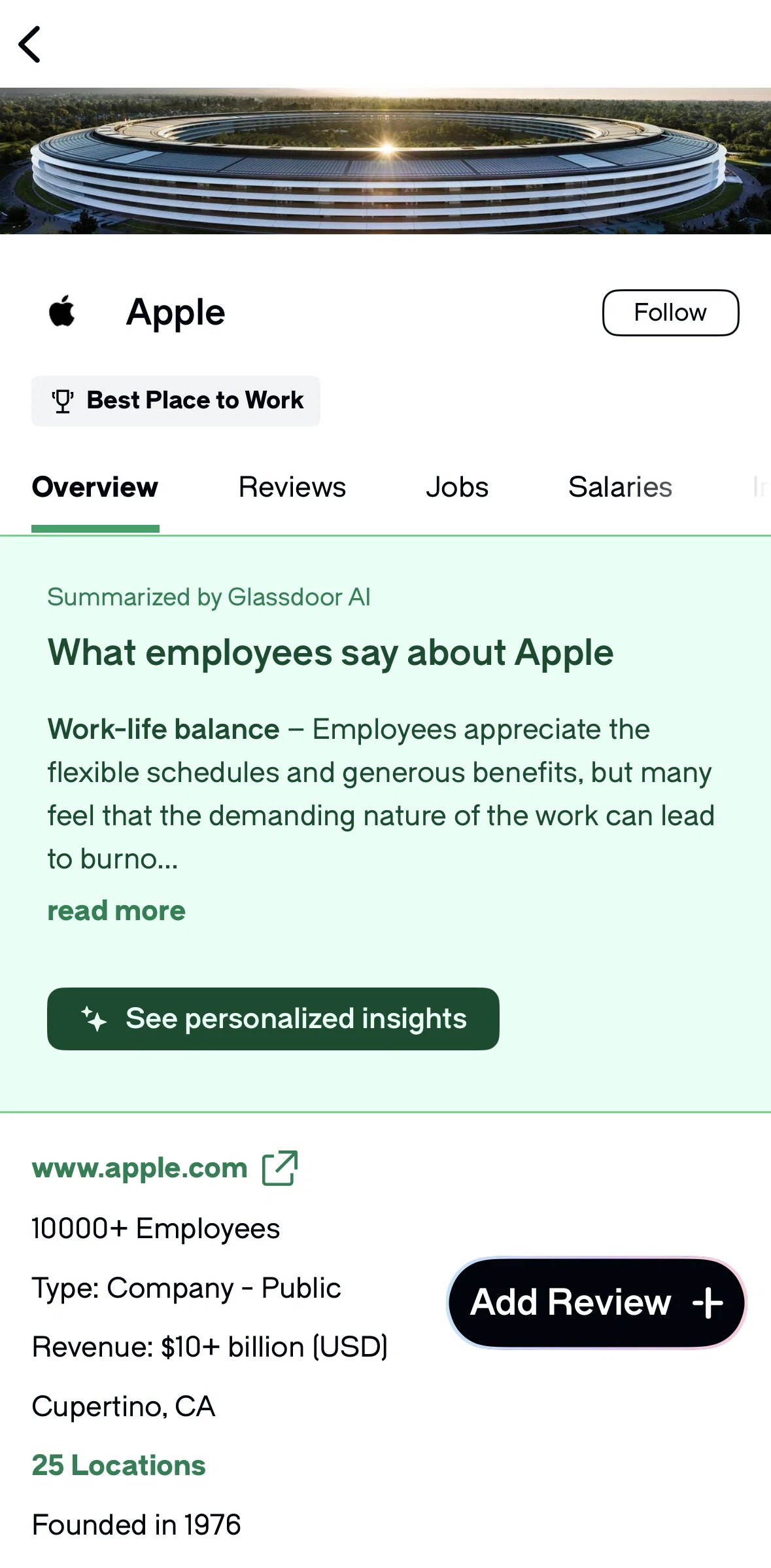 Glassdoor Screen screen in the Following a company flow