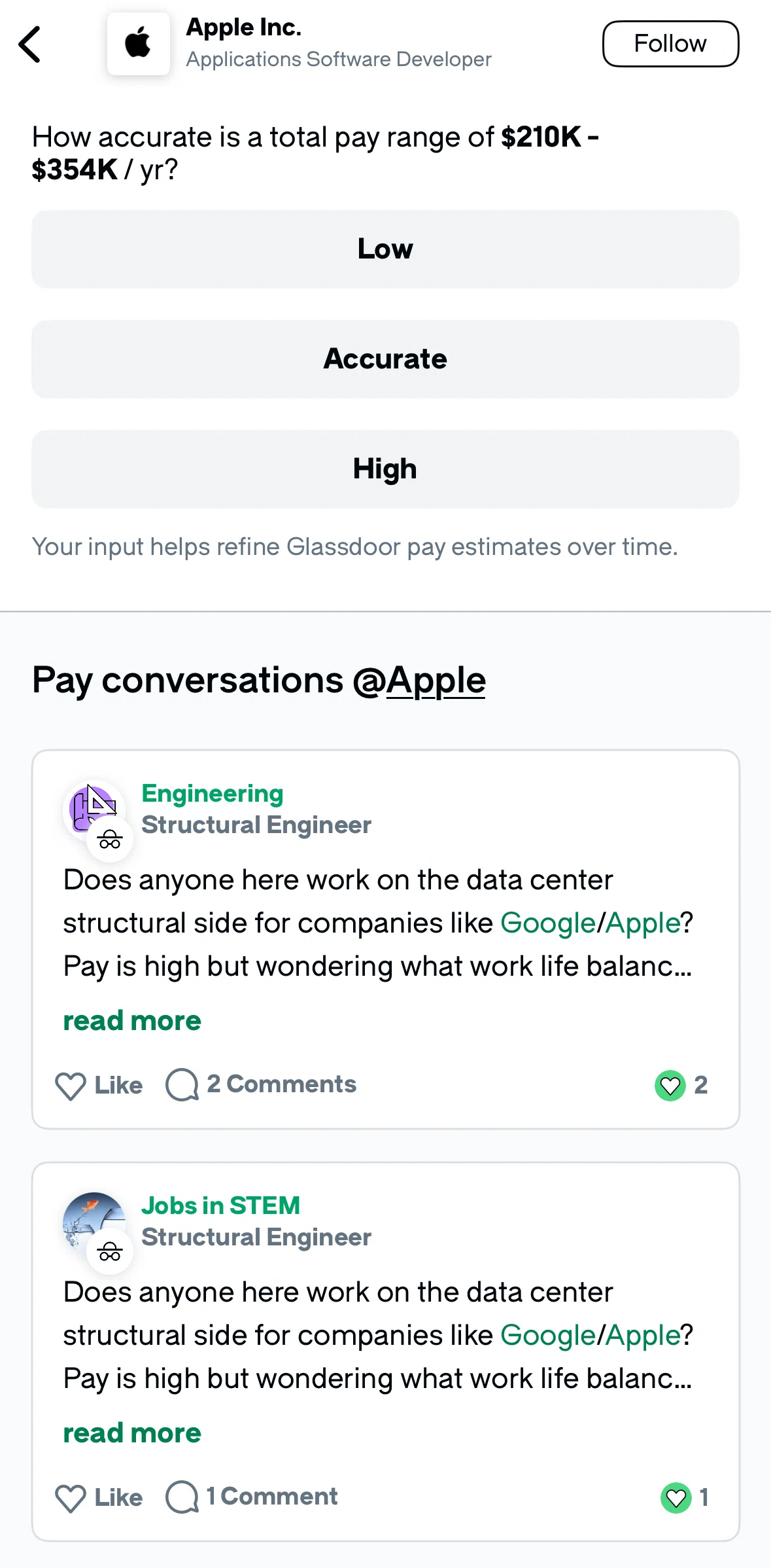 Glassdoor Screen screen in the Giving pay feedback flow
