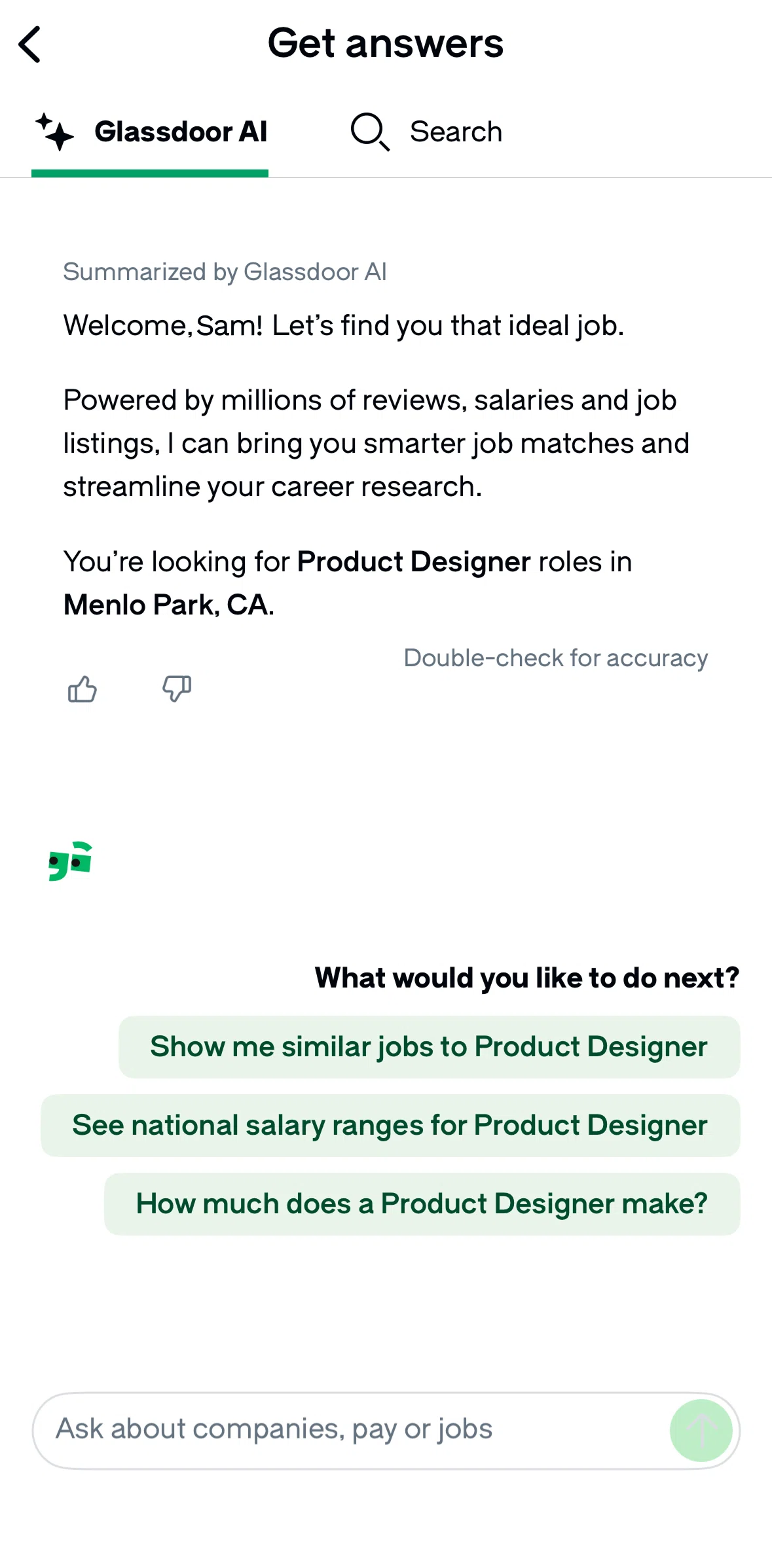 Glassdoor Screen screen in the Giving response feedback flow