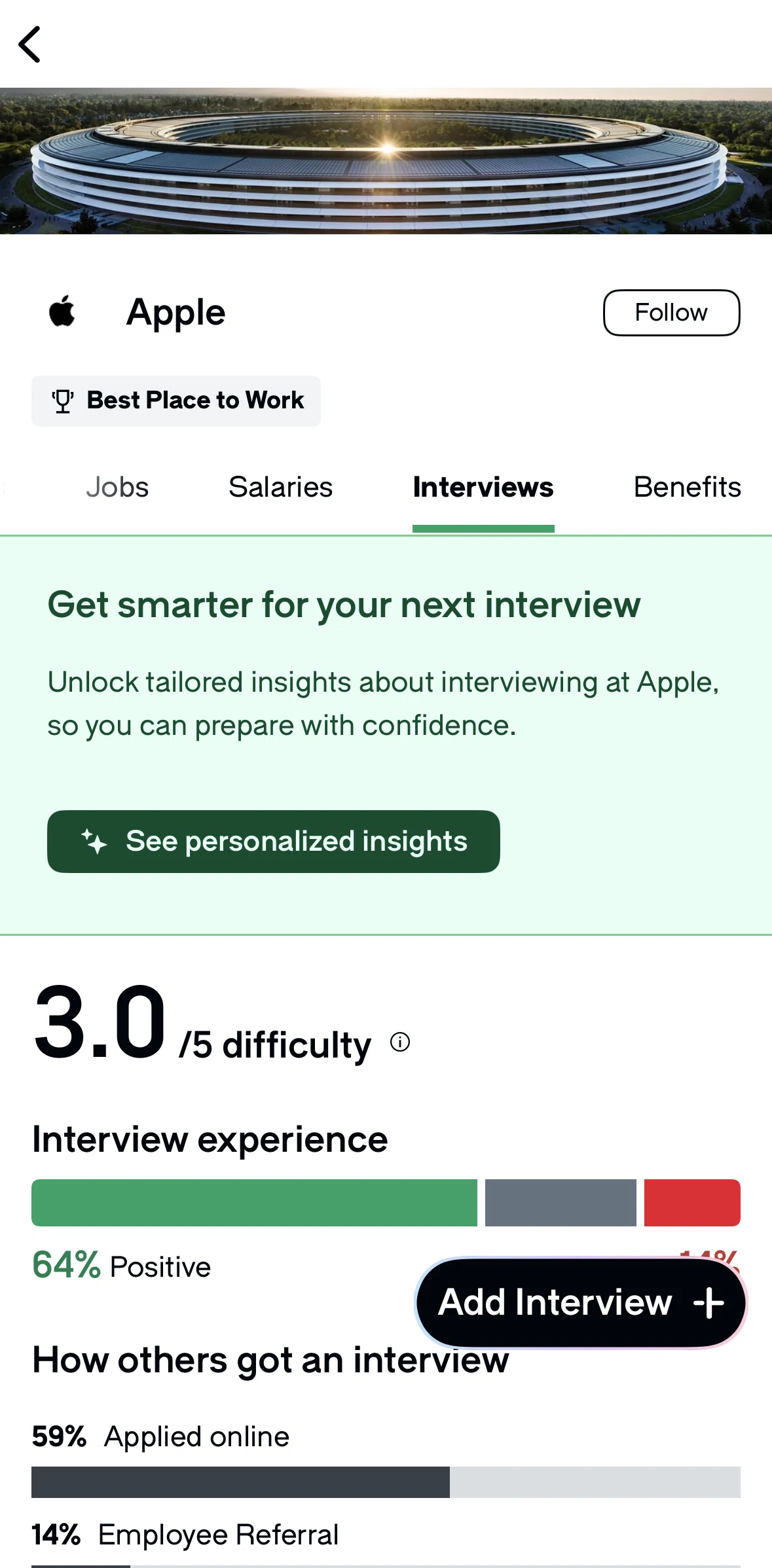 Glassdoor Screen screen in the Interviews flow