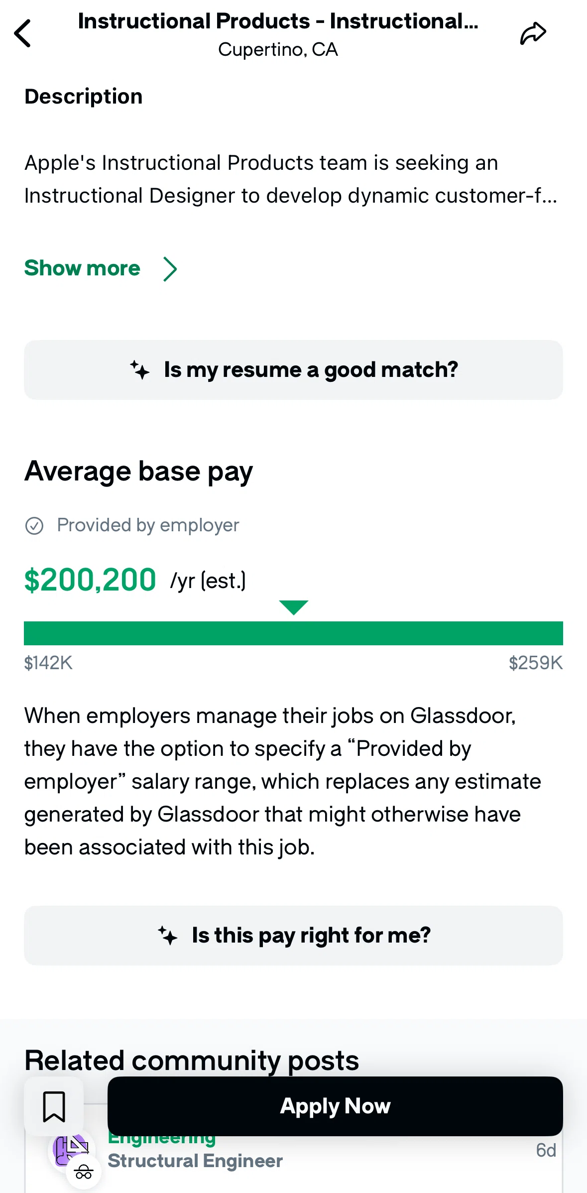 Glassdoor Screen screen in the Job description flow
