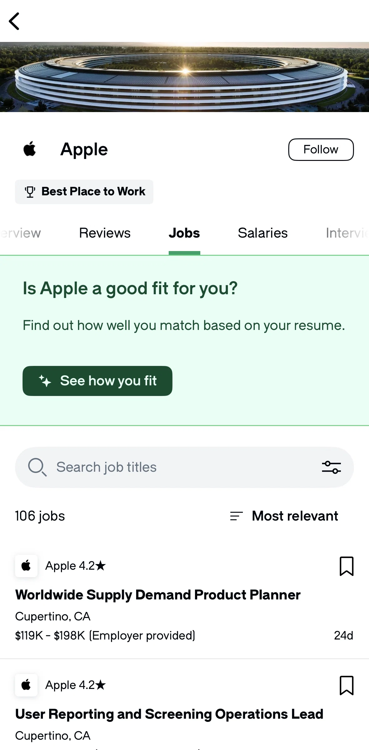 Glassdoor Screen screen in the Jobs (company detail) flow