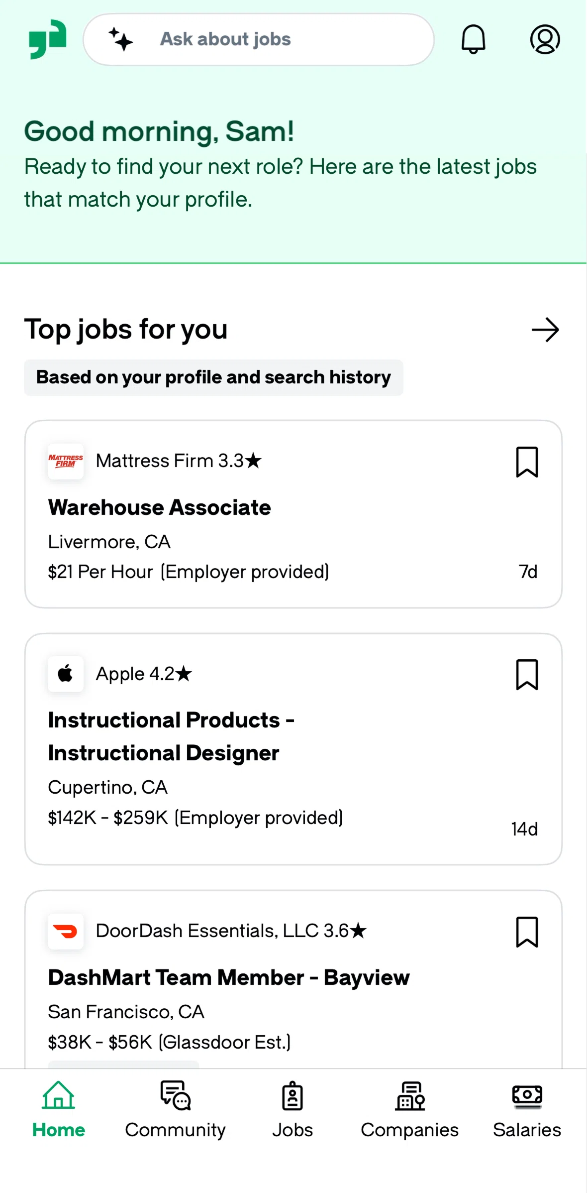 Glassdoor Screen screen in the Notifications flow