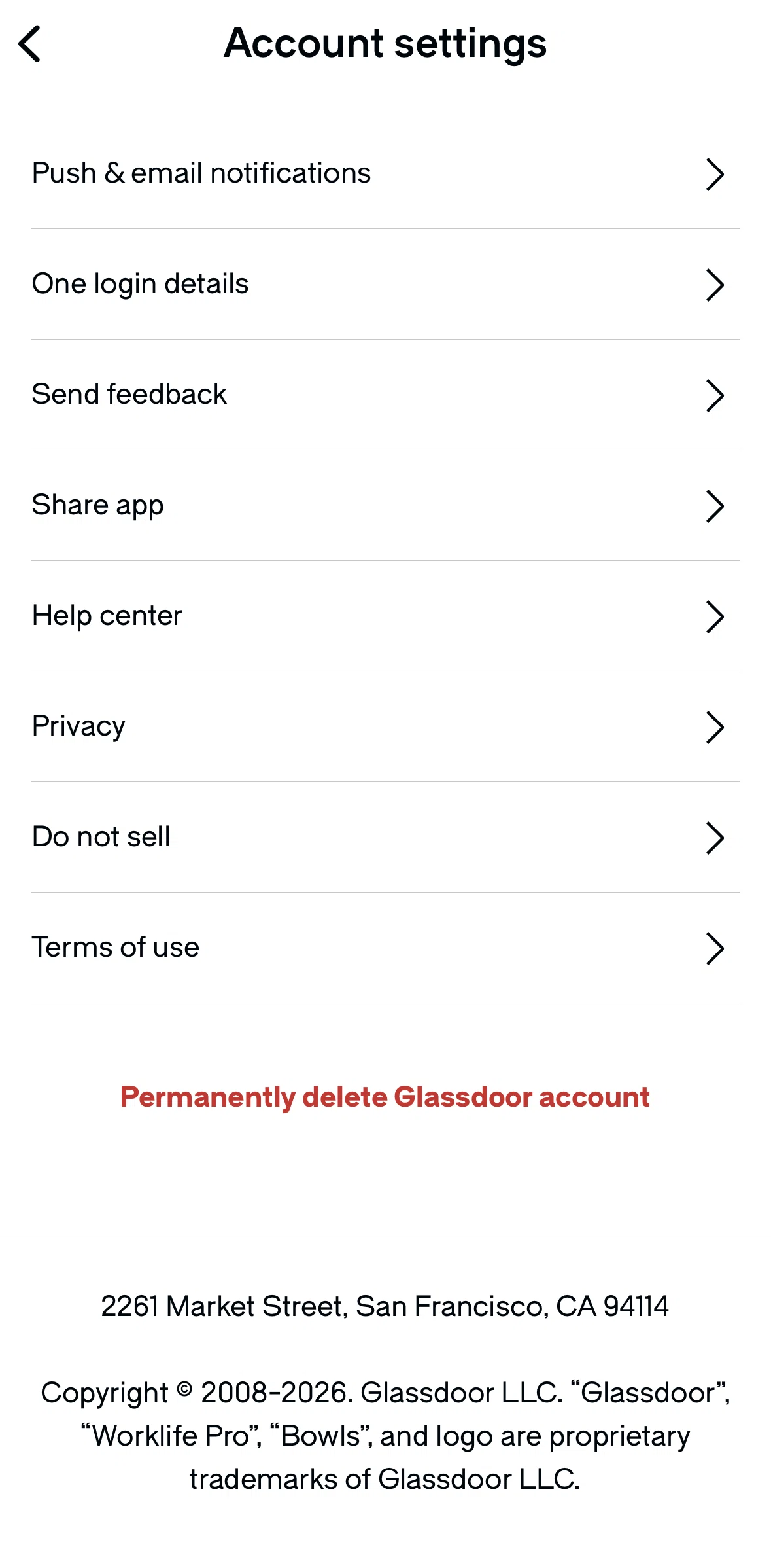 Glassdoor Screen screen in the One login details flow
