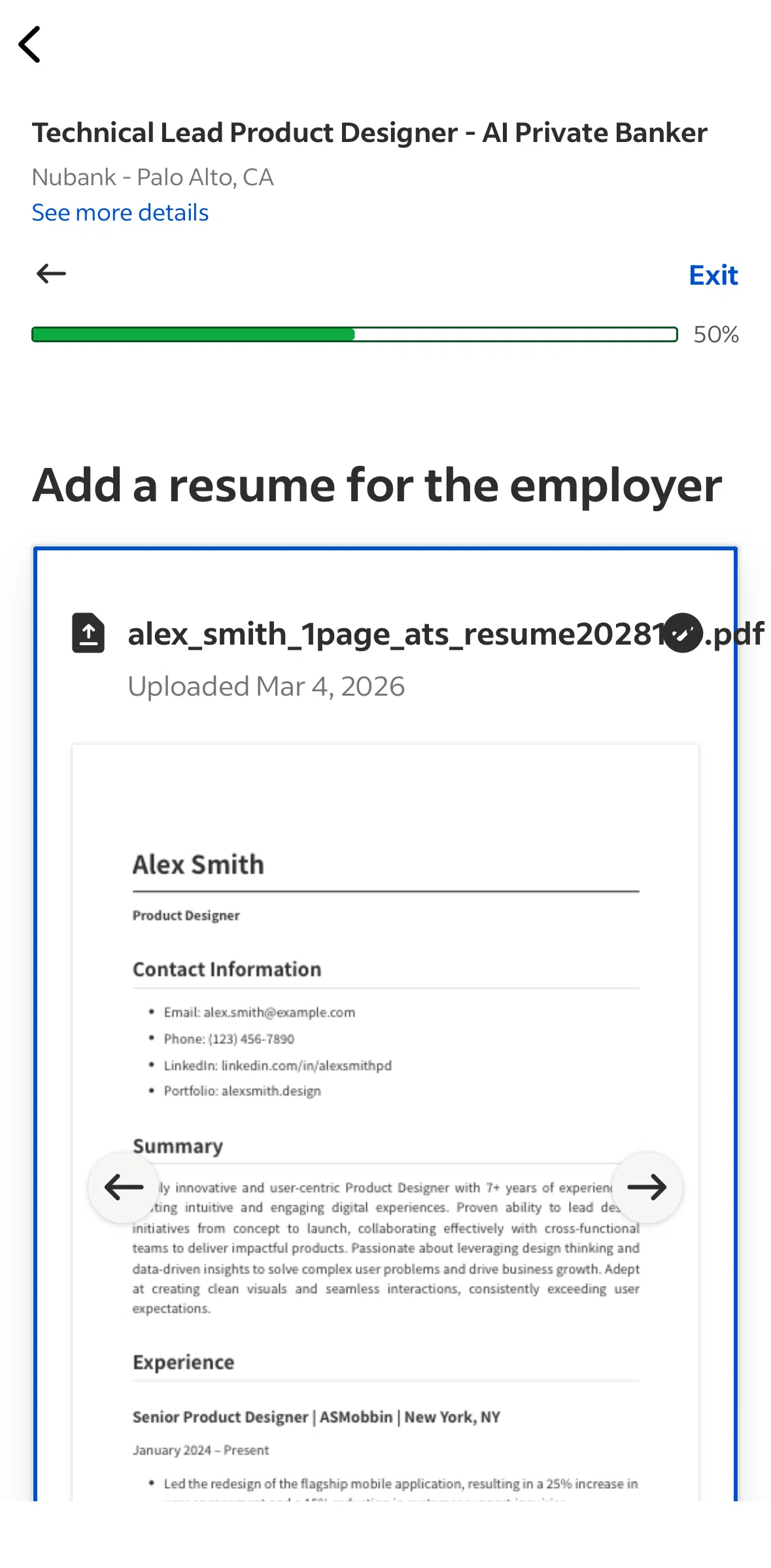 Glassdoor Screen screen in the Preview a resume flow