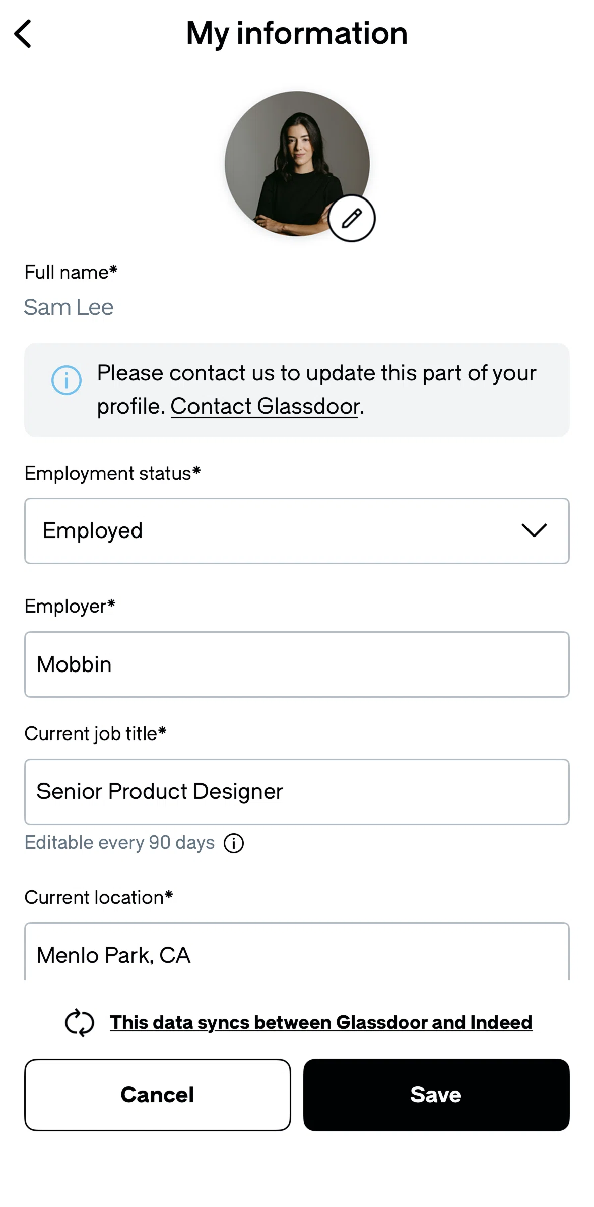 Glassdoor Screen screen in the Removing a profile photo flow