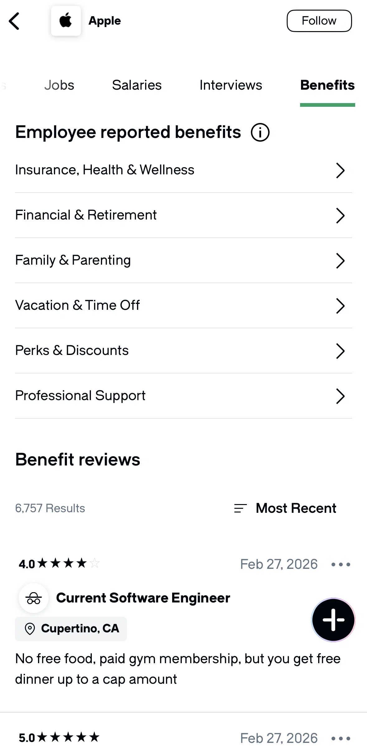 Glassdoor Screen screen in the Reported benefits flow
