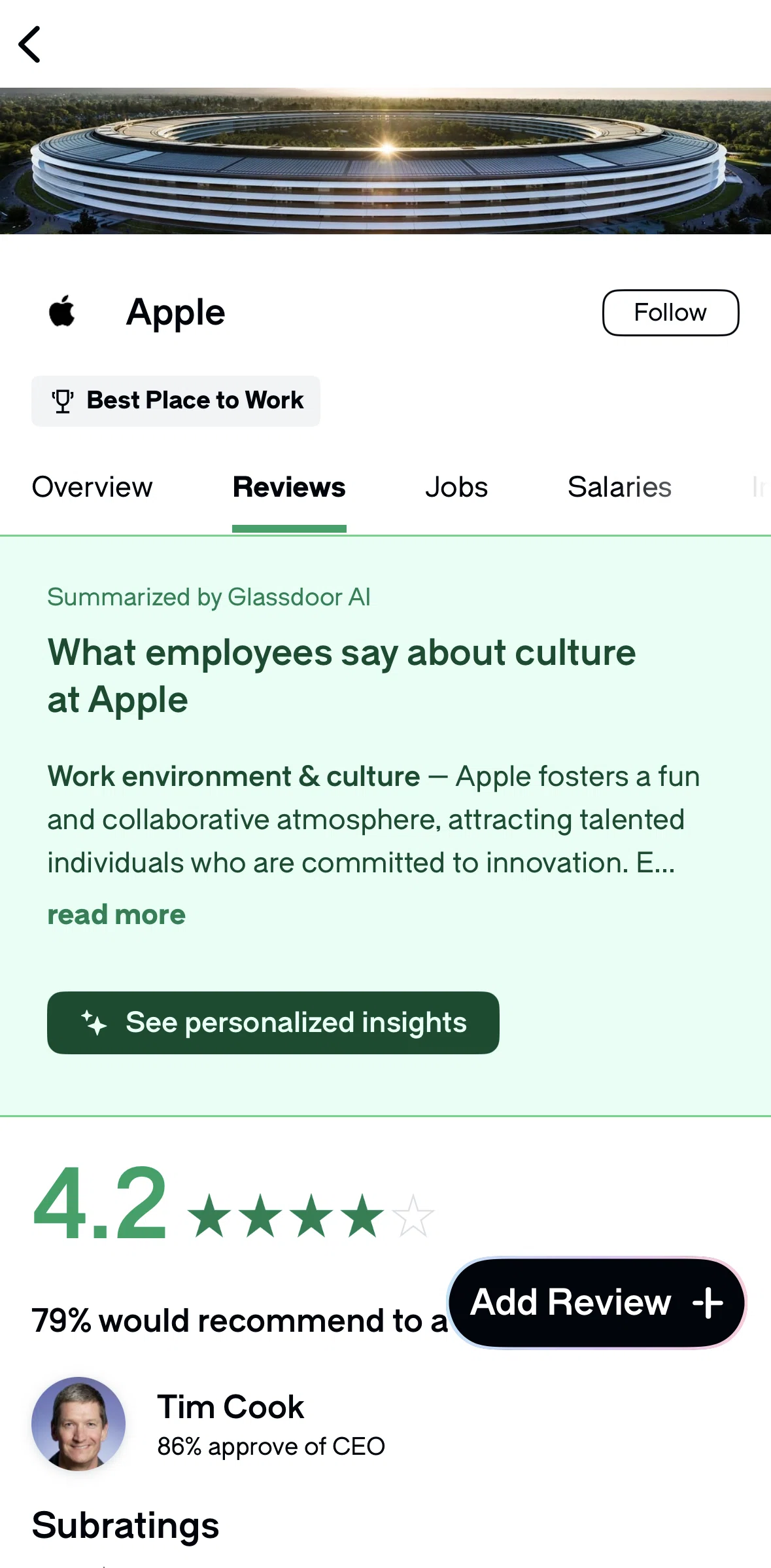 Glassdoor Screen screen in the Reviews flow