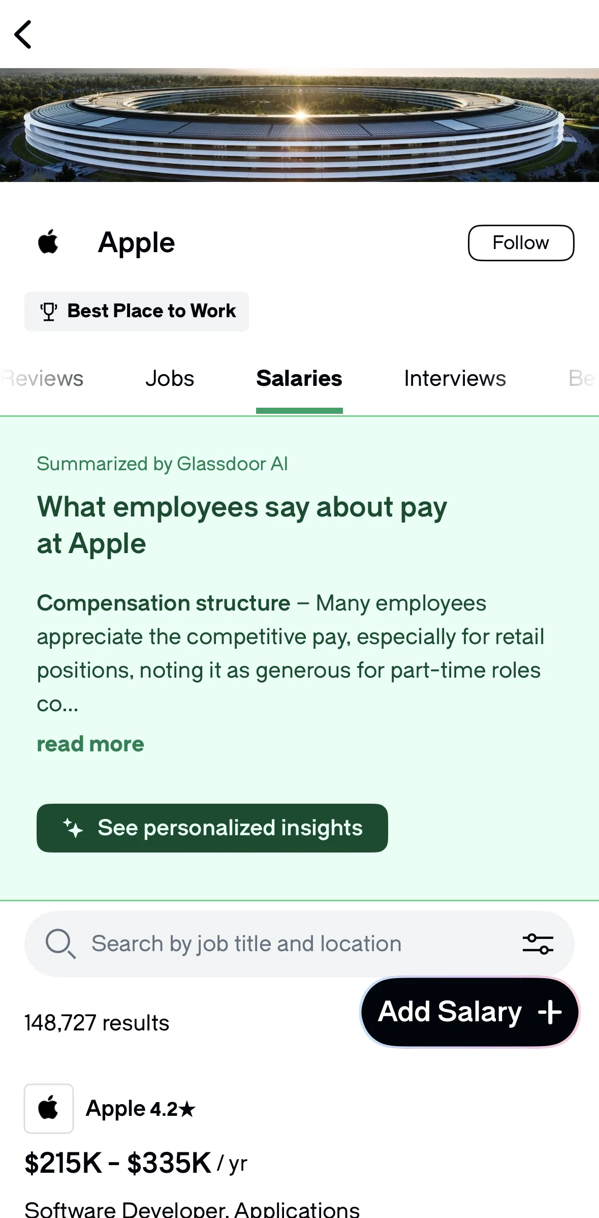Glassdoor Screen screen in the Salaries (company detail) flow