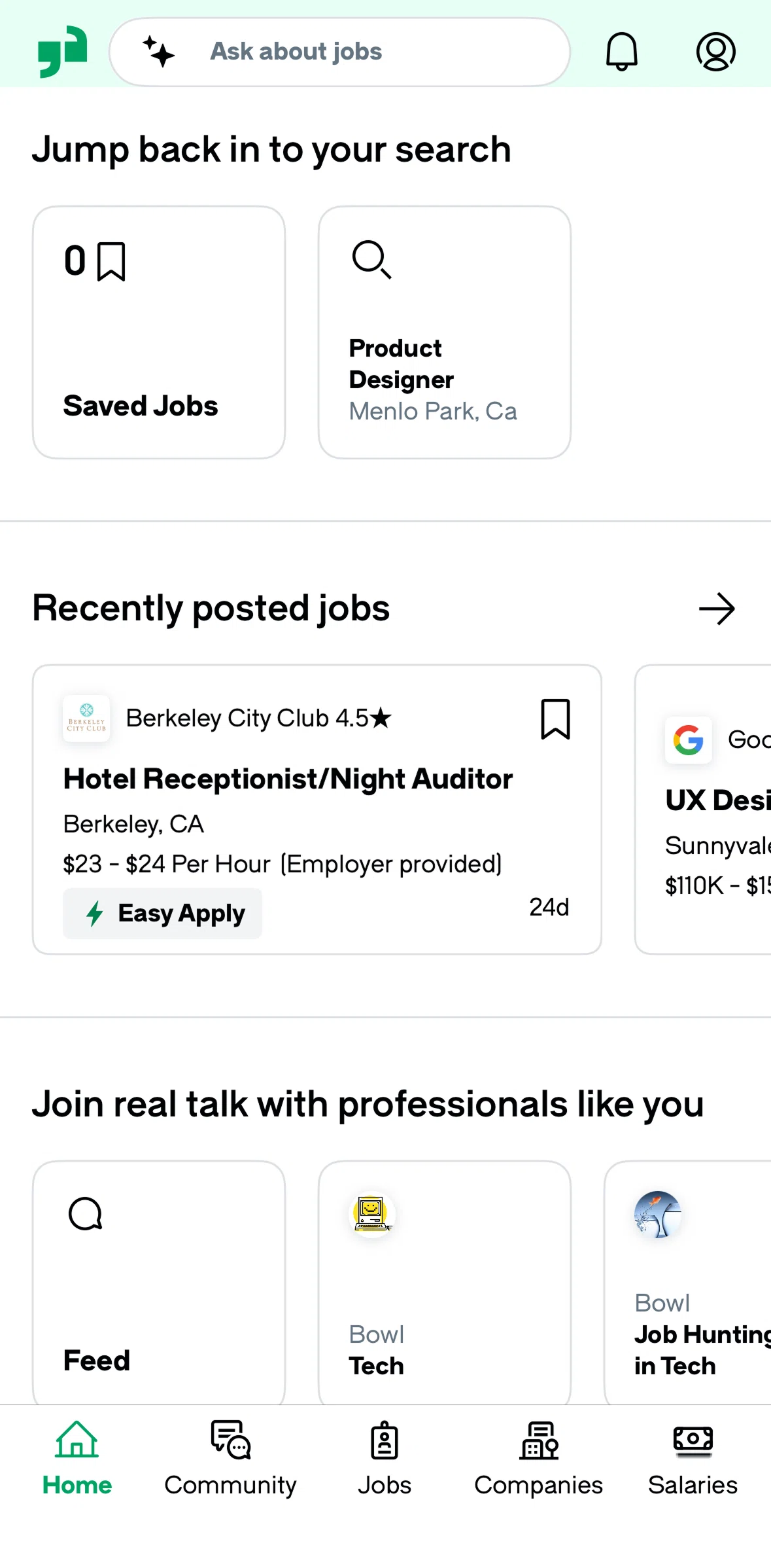 Glassdoor Screen screen in the Saved flow
