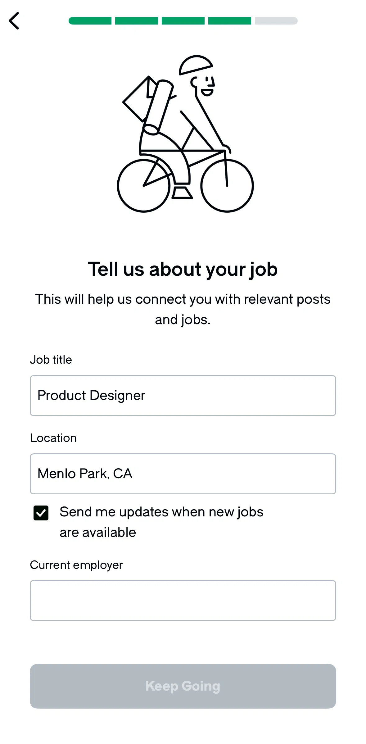 Glassdoor Screen screen in the Searching for current employer flow