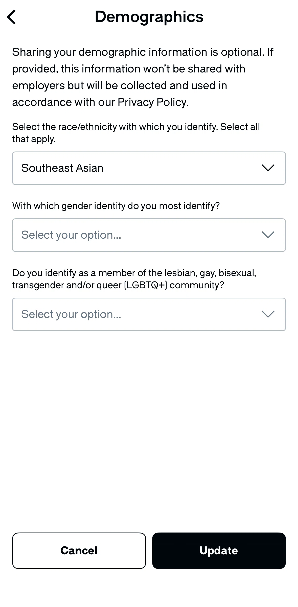 Glassdoor Screen screen in the Selecting a gender (demographics) flow