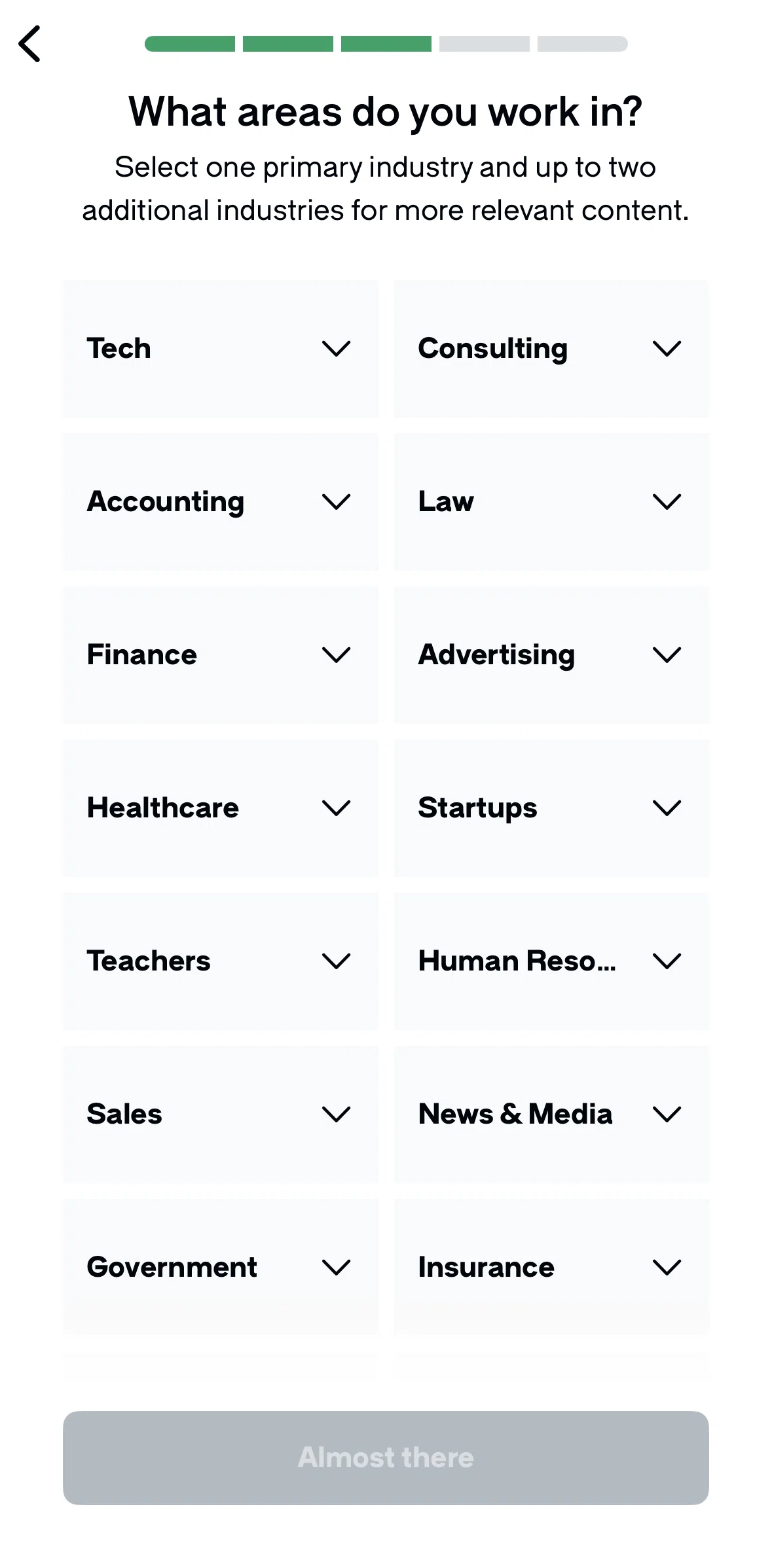 Glassdoor Screen screen in the Selecting a work industry flow
