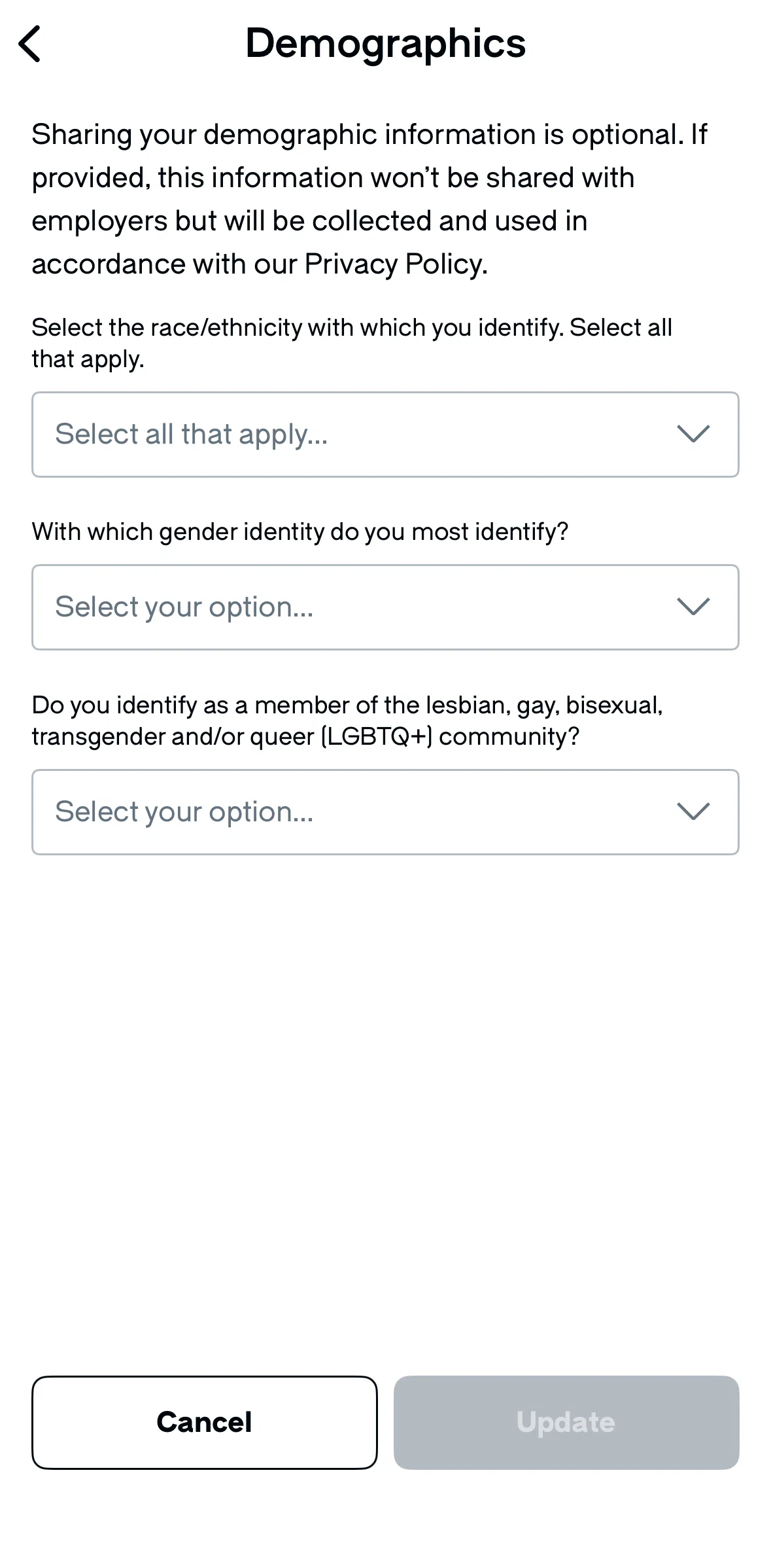 Glassdoor Screen screen in the Selecting an ethnicity flow