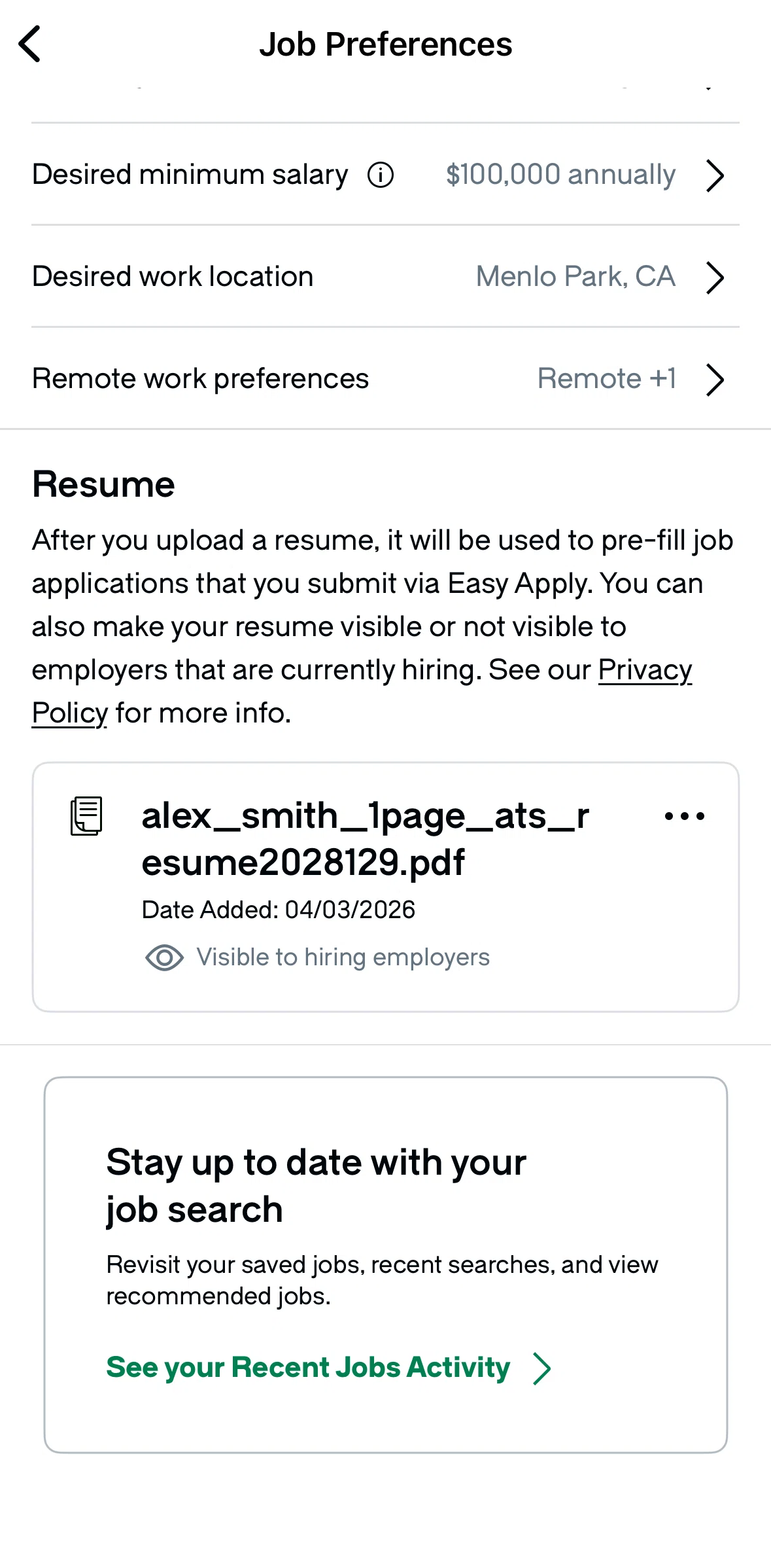 Glassdoor Screen screen in the Turning on preview resume as an employer flow