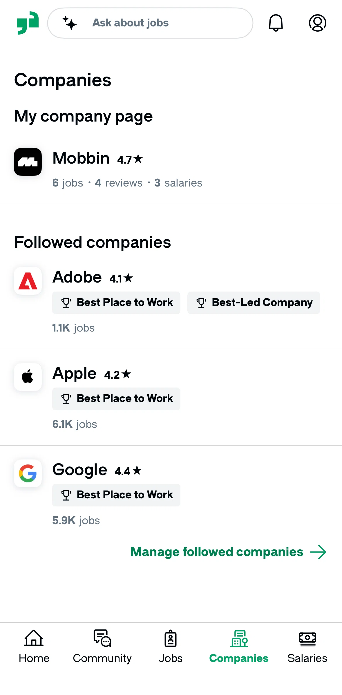 Glassdoor Screen screen in the Unfollowing a company flow