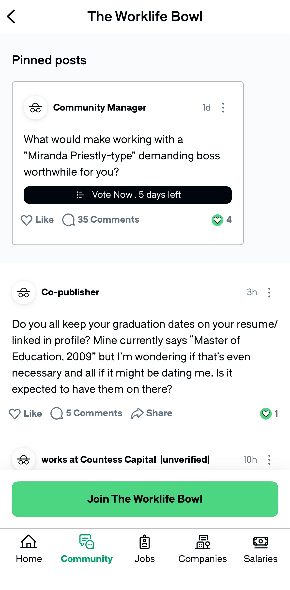Glassdoor Screen screen in the Voting in a poll flow