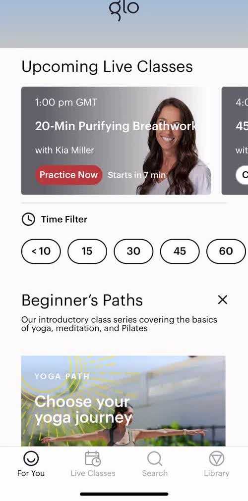 Glo Home screen in the Booking A Class flow