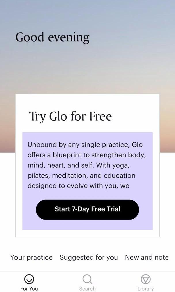 Glo Dashboard screen in the Logging In flow