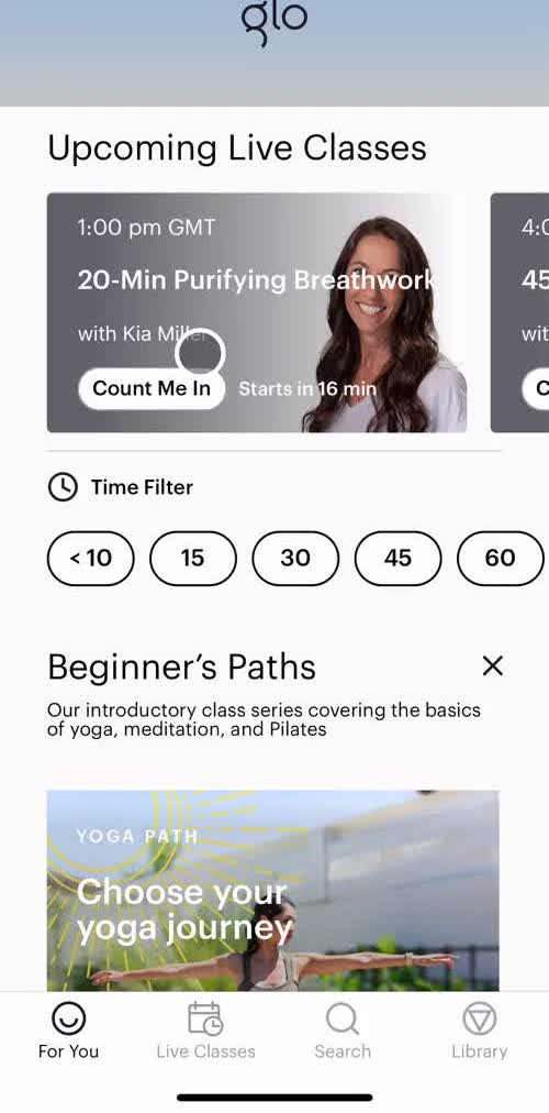Glo Home screen in the Searching flow
