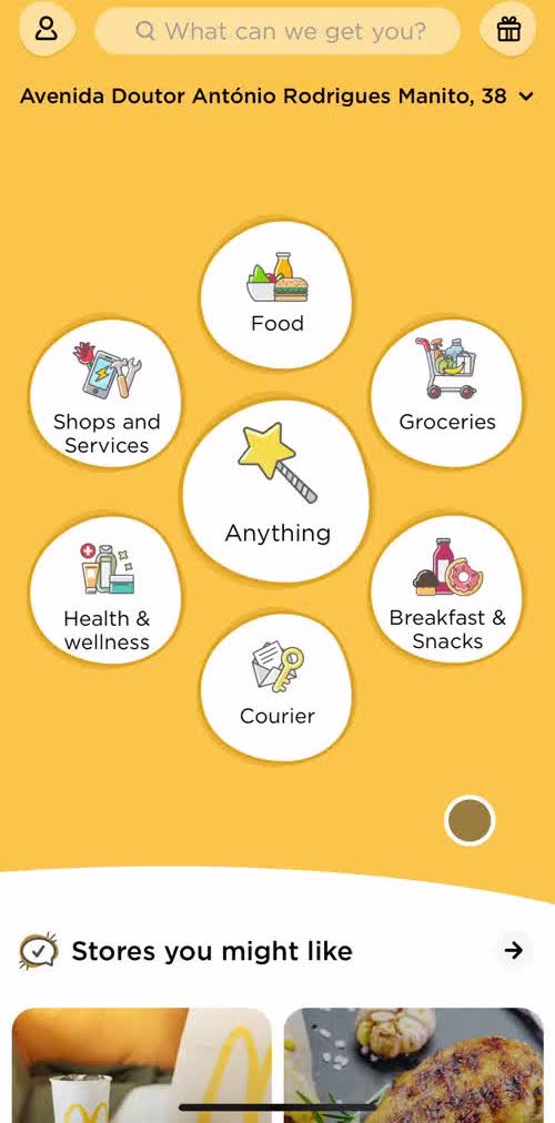 Glovo Home screen in the Adding Payment Details flow