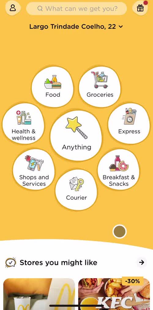 Glovo Home screen in the General Browsing flow