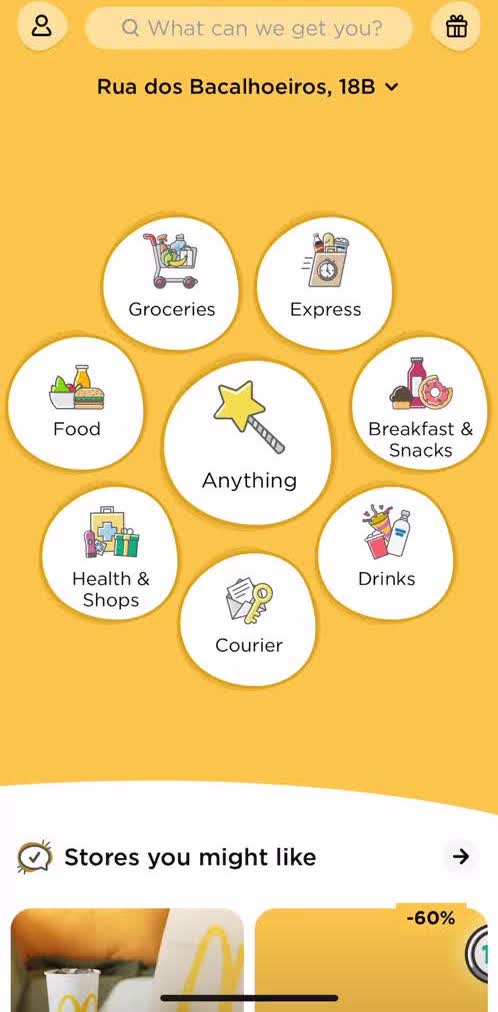 Glovo Home screen in the Ordering Food flow