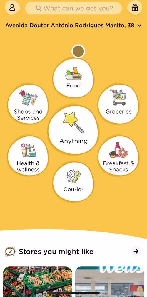 Glovo Home screen in the Searching flow