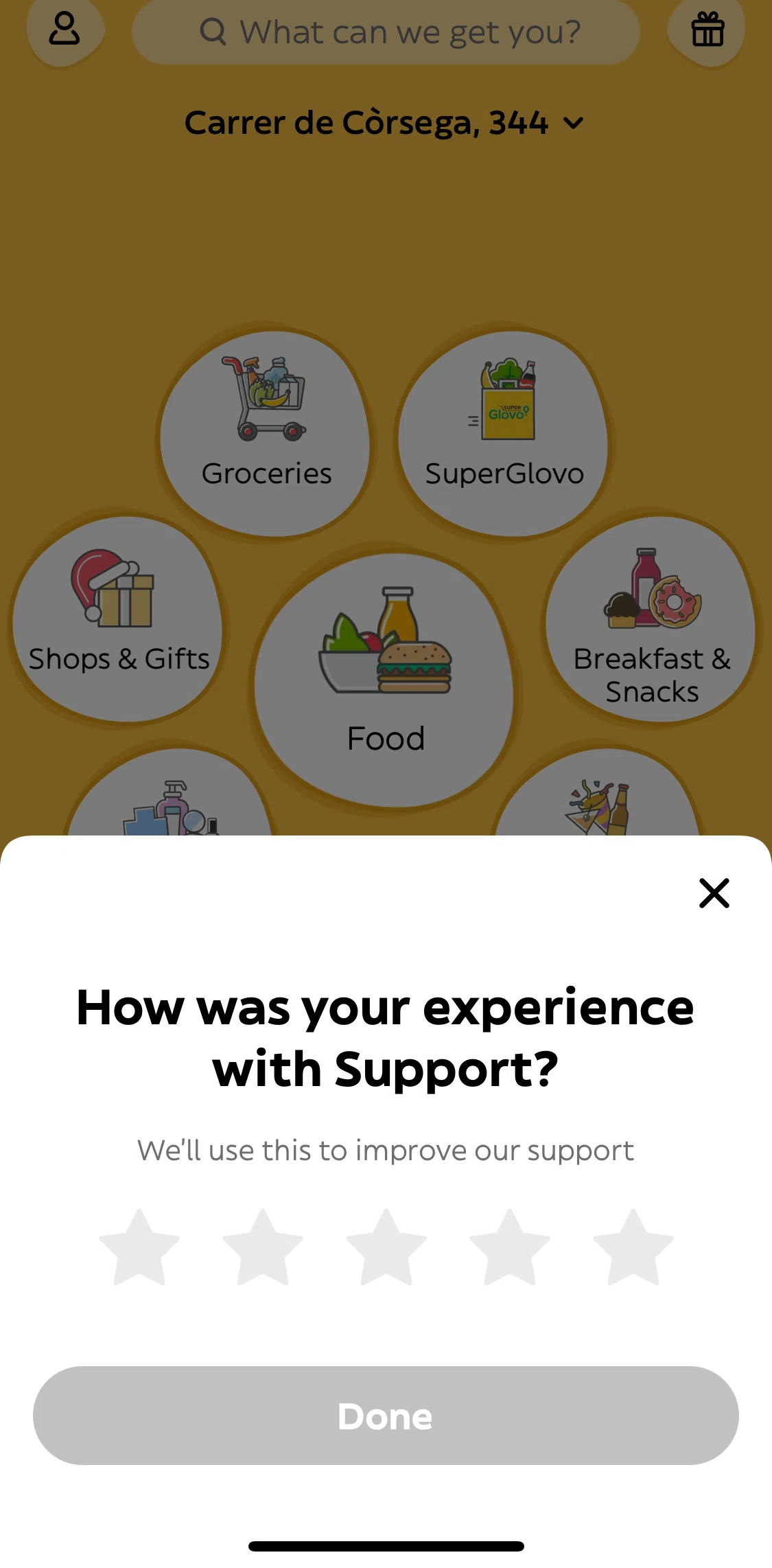 Glovo Screen screen in the Submitting an app feedback flow