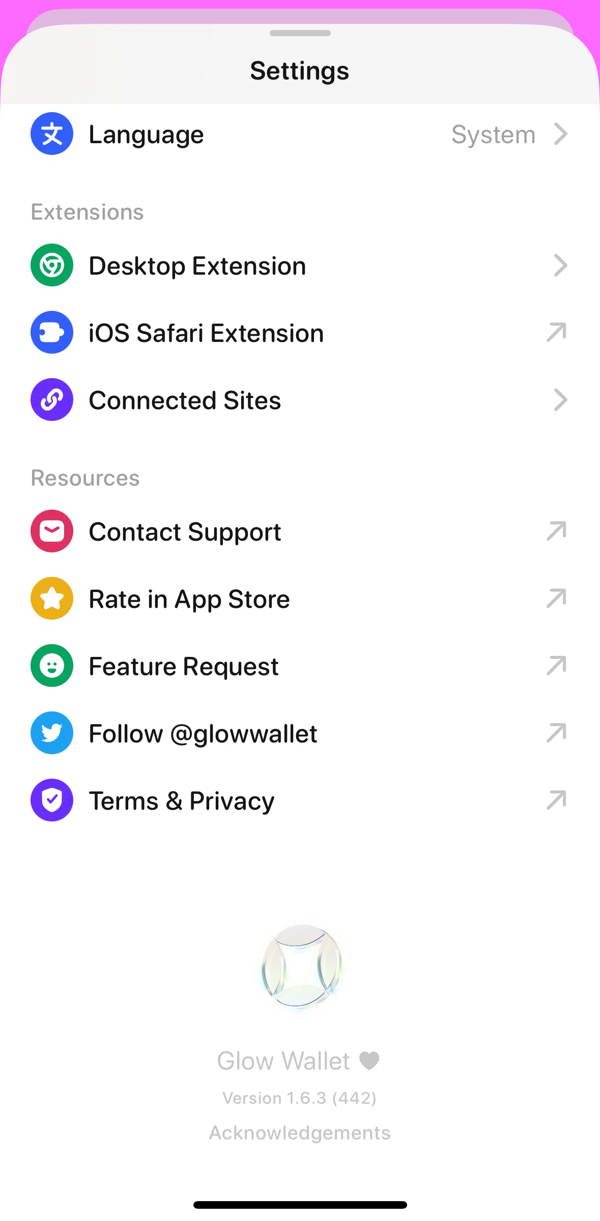 Glow Screen screen in the Acknowledgements flow