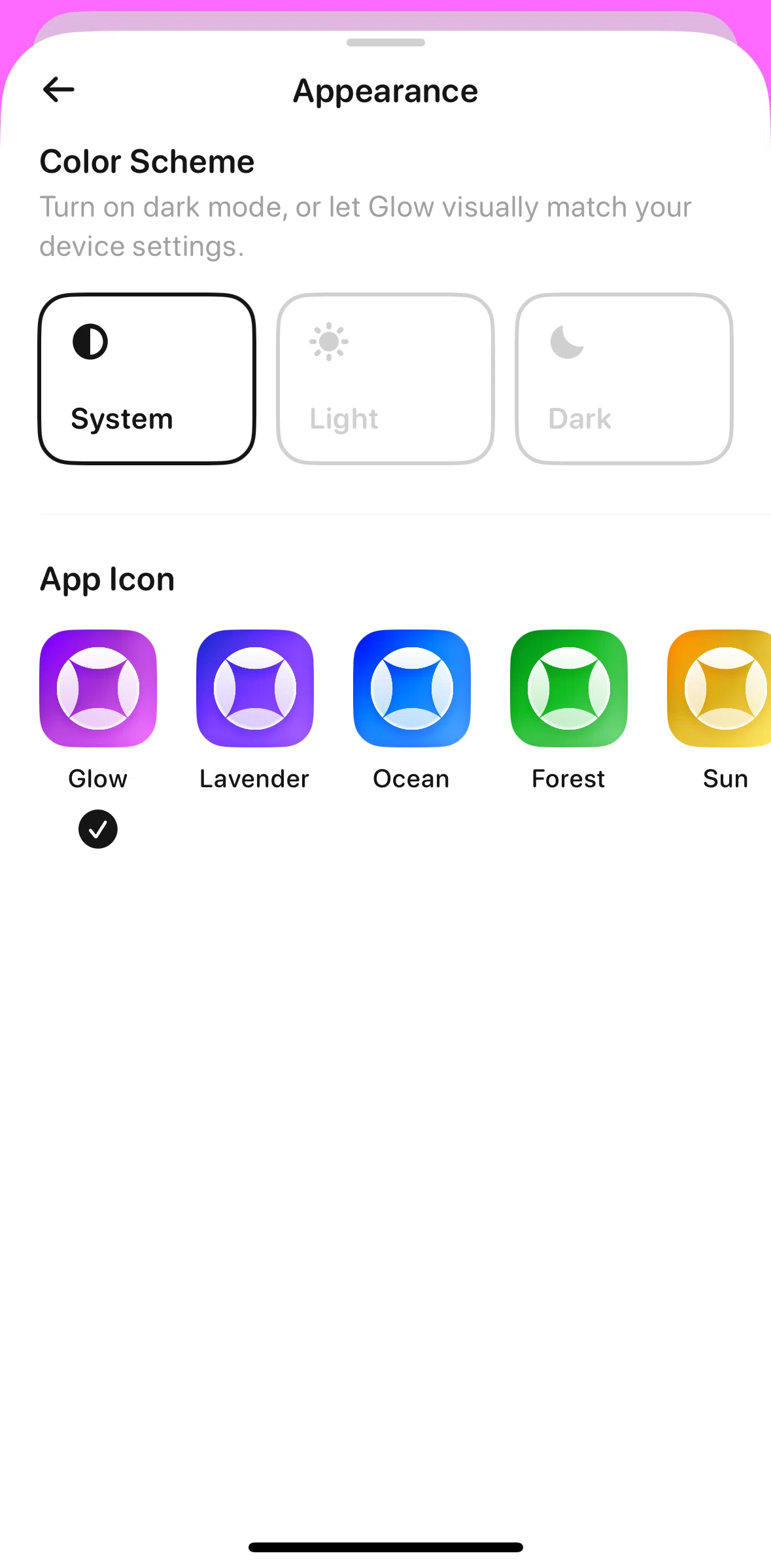 Glow Screen screen in the Changing app icon flow