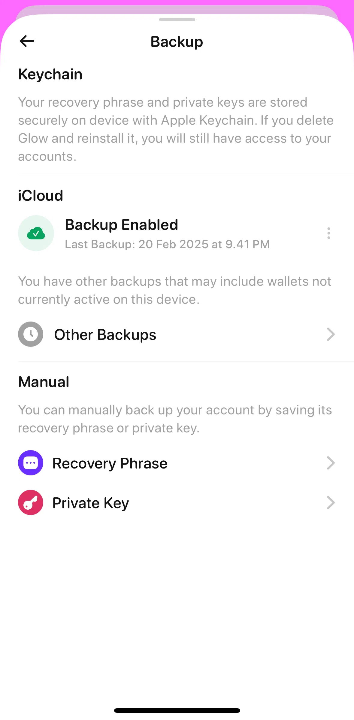Glow Screen screen in the Disabling backup flow