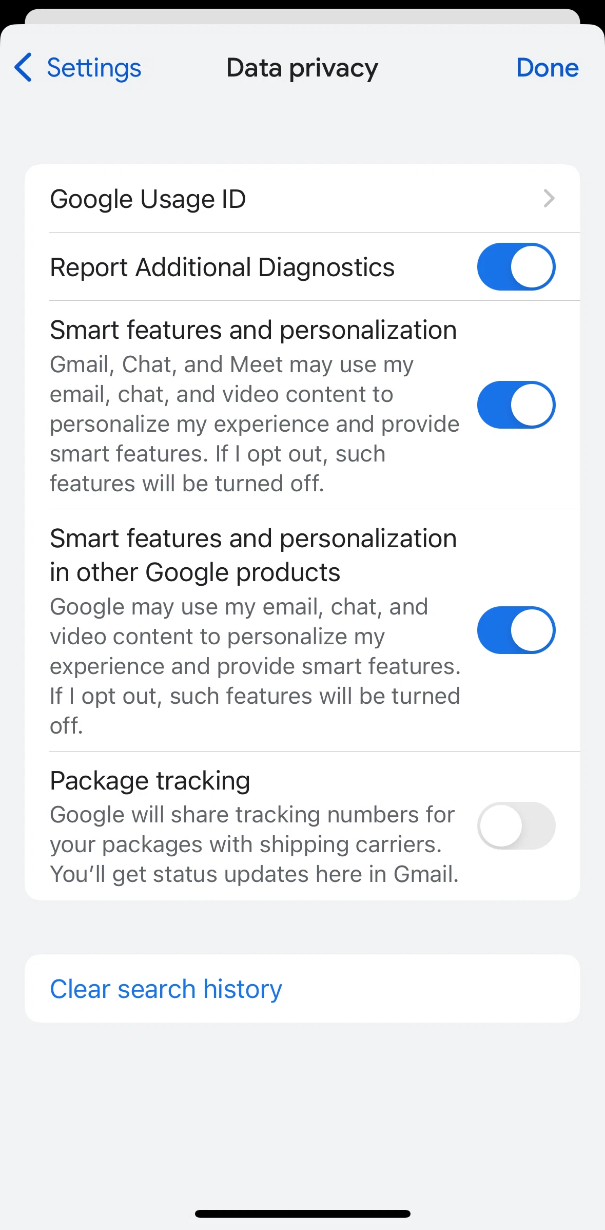 Gmail Screen screen in the Clearing search history flow