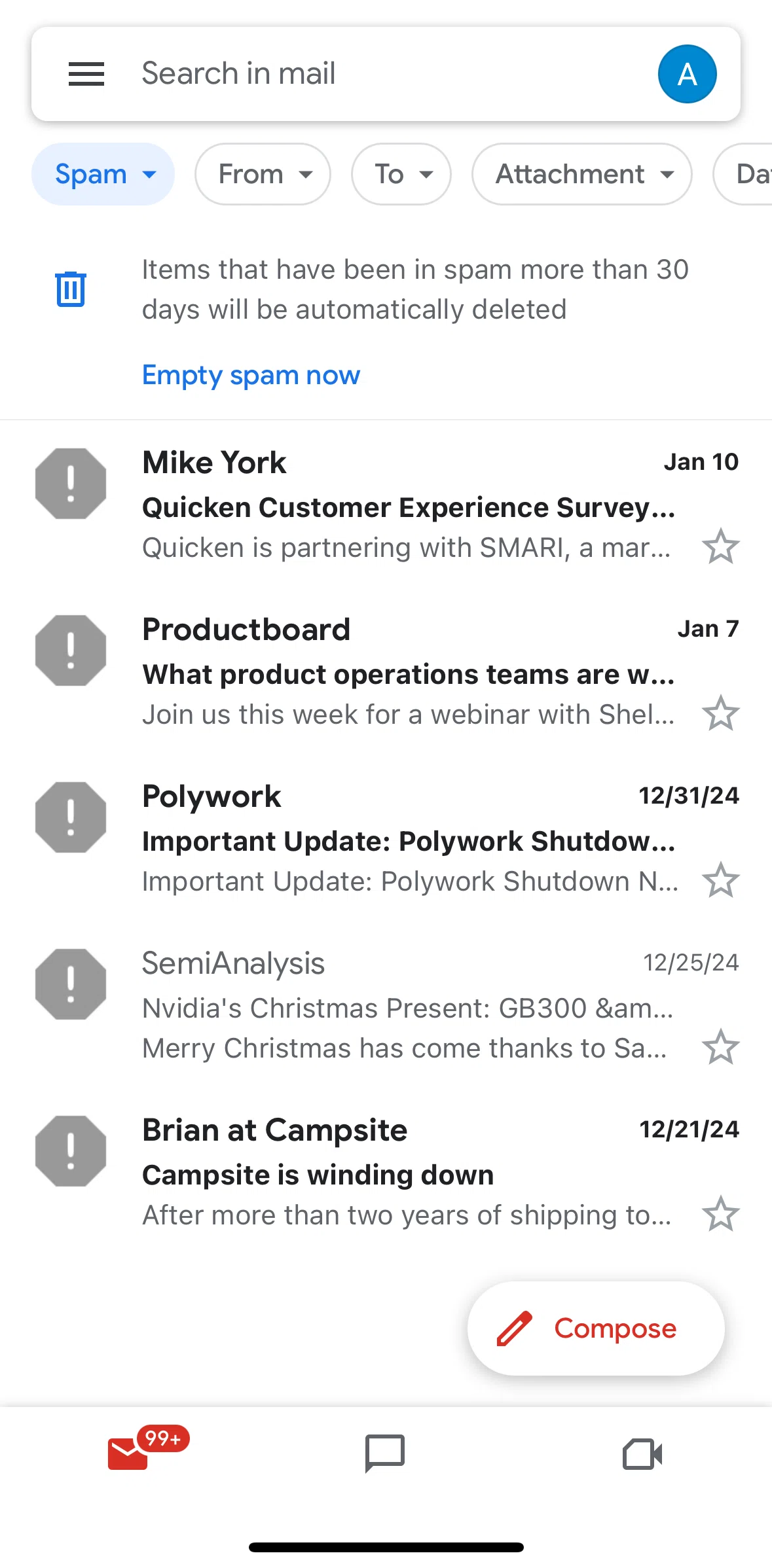 Gmail Screen screen in the Emptying spam flow