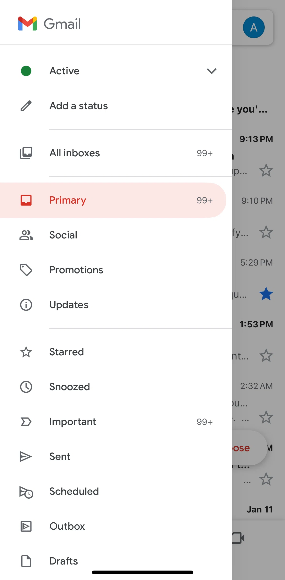 Gmail Screen screen in the Updating status flow