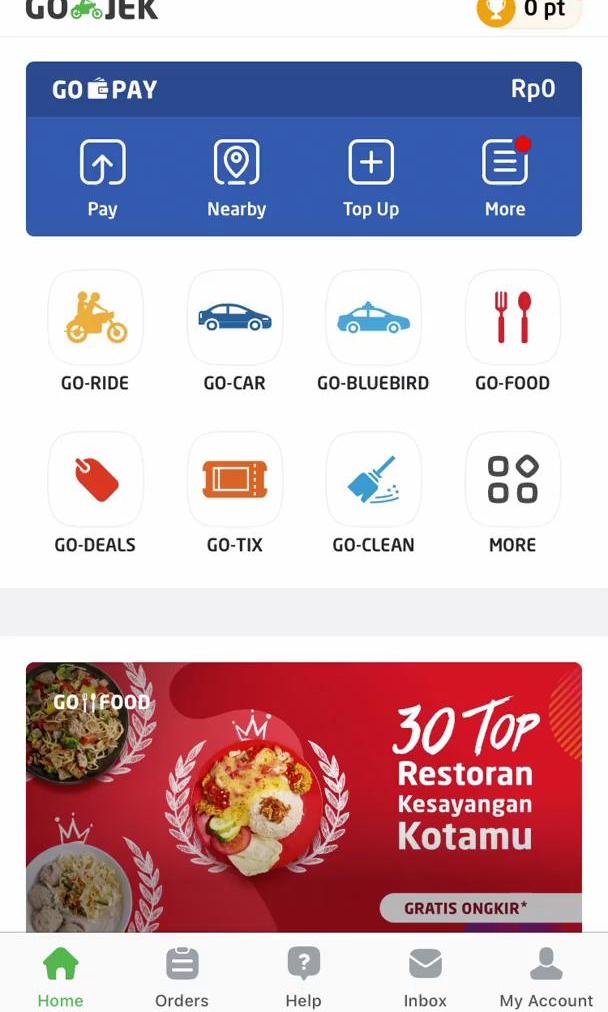 Go Jek Home feed screen in the Buying A Ticket flow