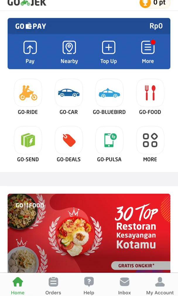 Go Jek Home feed screen in the Customization Settings flow