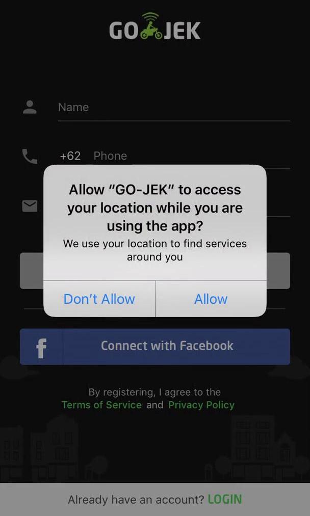 Go Jek Get location permissions screen in the Onboarding flow