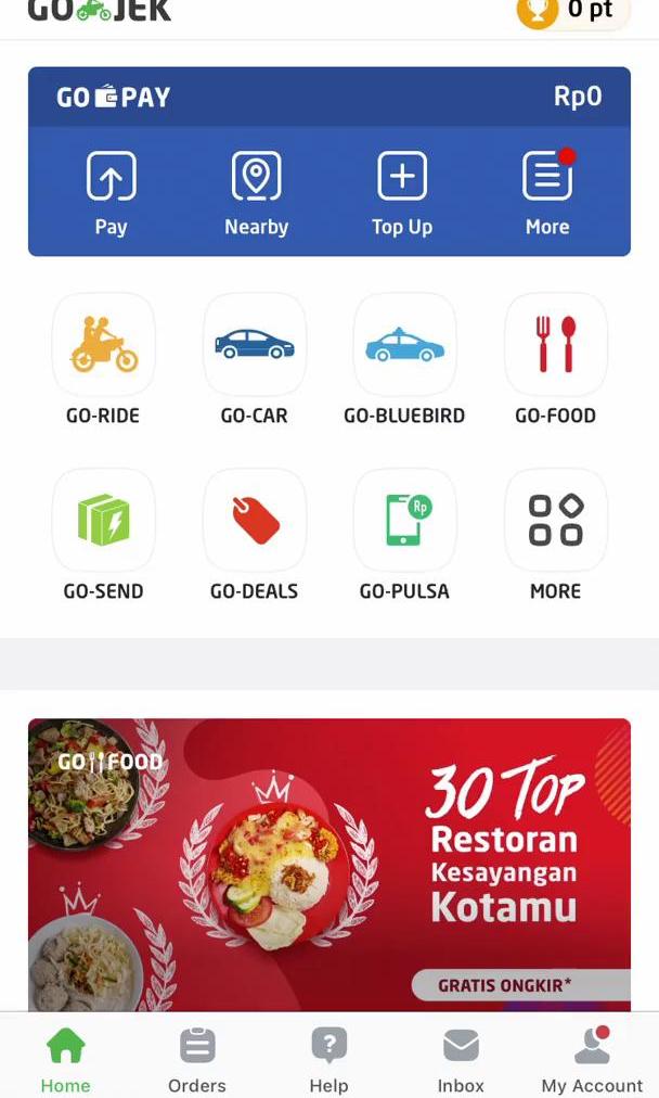 Go Jek Home feed screen in the Ordering Food flow