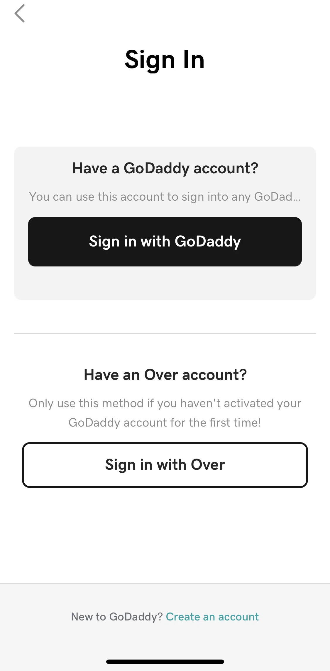GoDaddy Studio Screen screen in the Logging in flow
