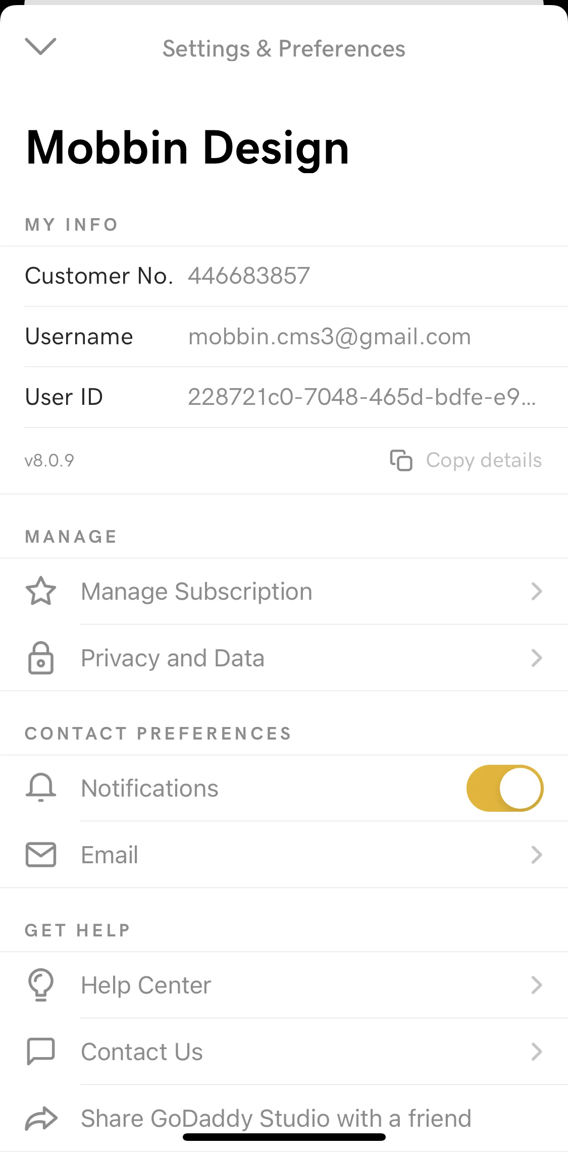 GoDaddy Studio Screen screen in the Settings & preferences flow