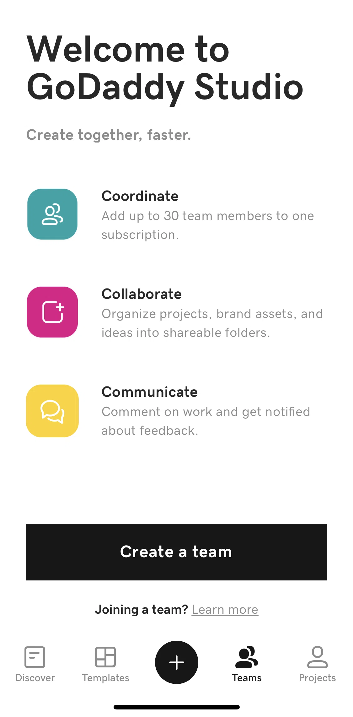 GoDaddy Studio Screen screen in the Teams flow