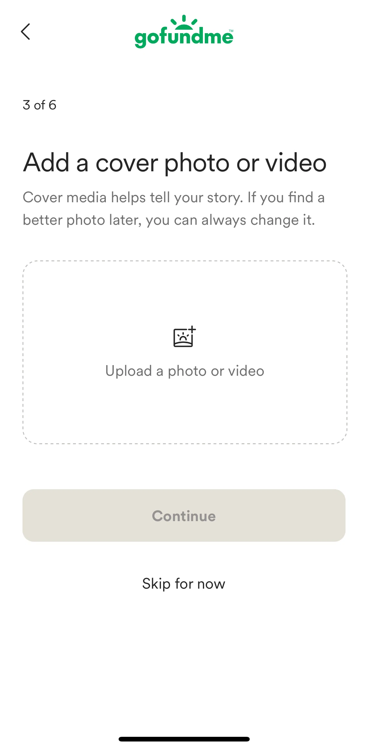 Gofundme Screen screen in the Adding a cover photo flow