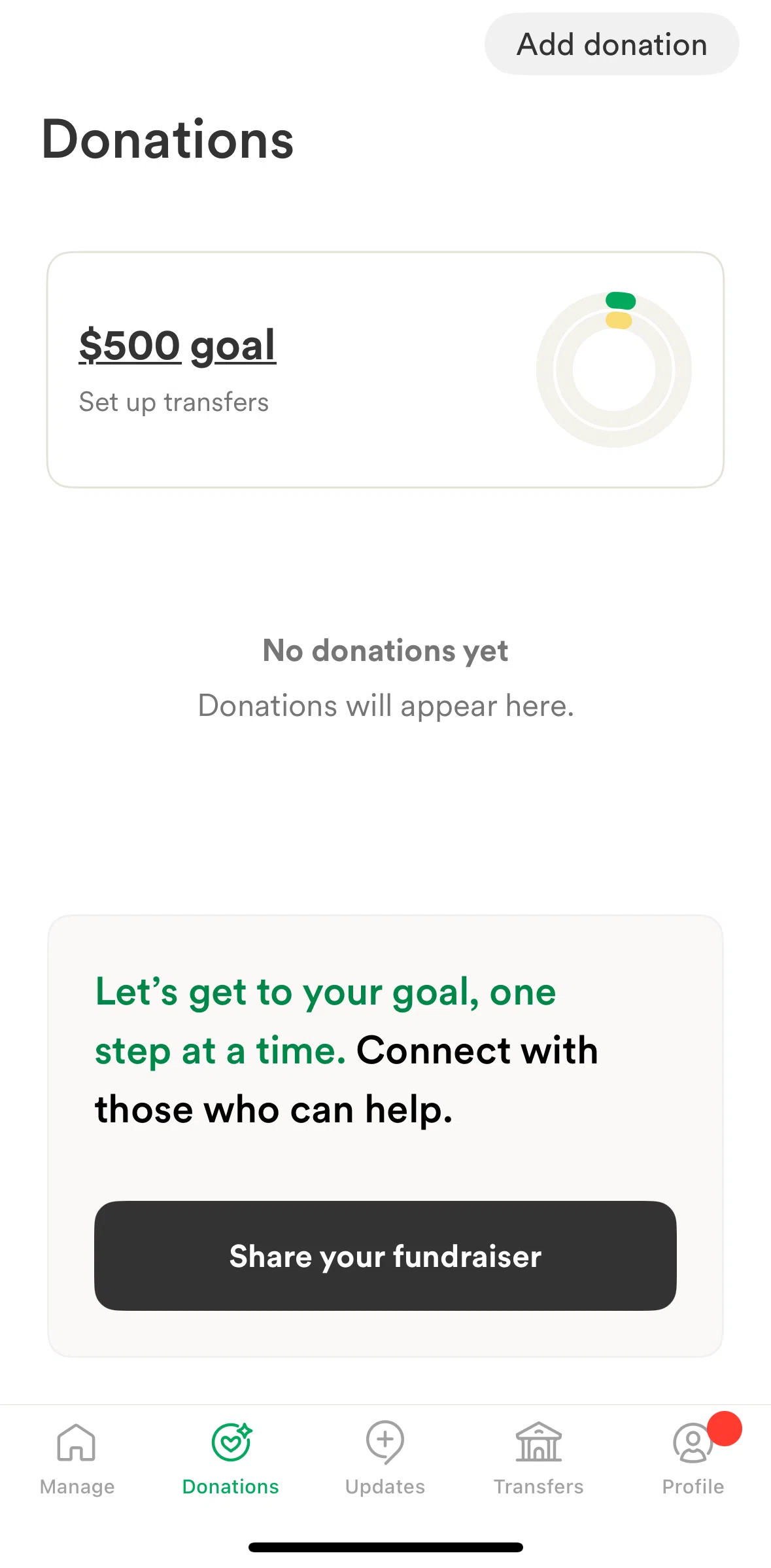 Gofundme Screen screen in the Adding a donation flow