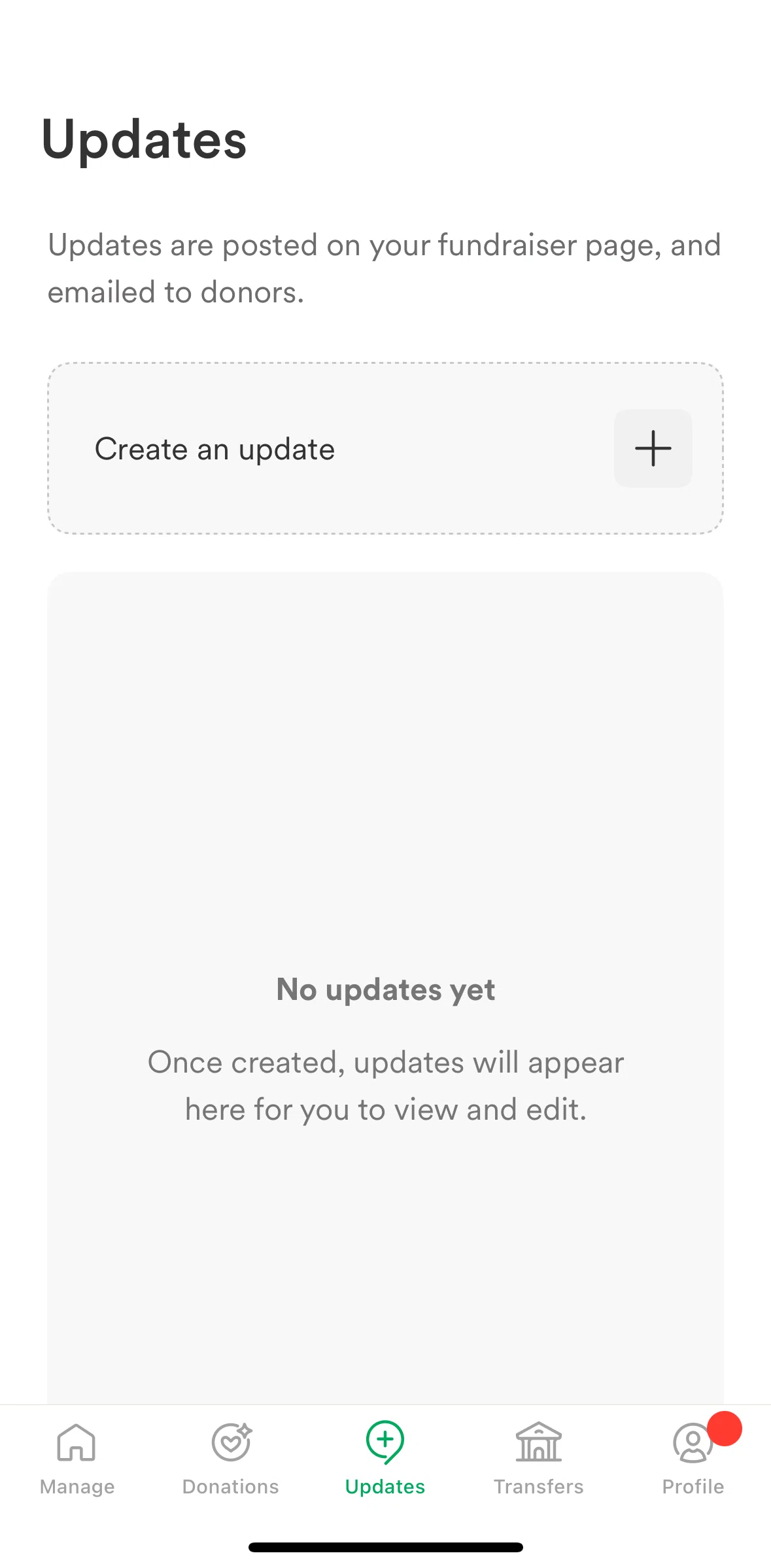 Gofundme Screen screen in the Creating an update flow