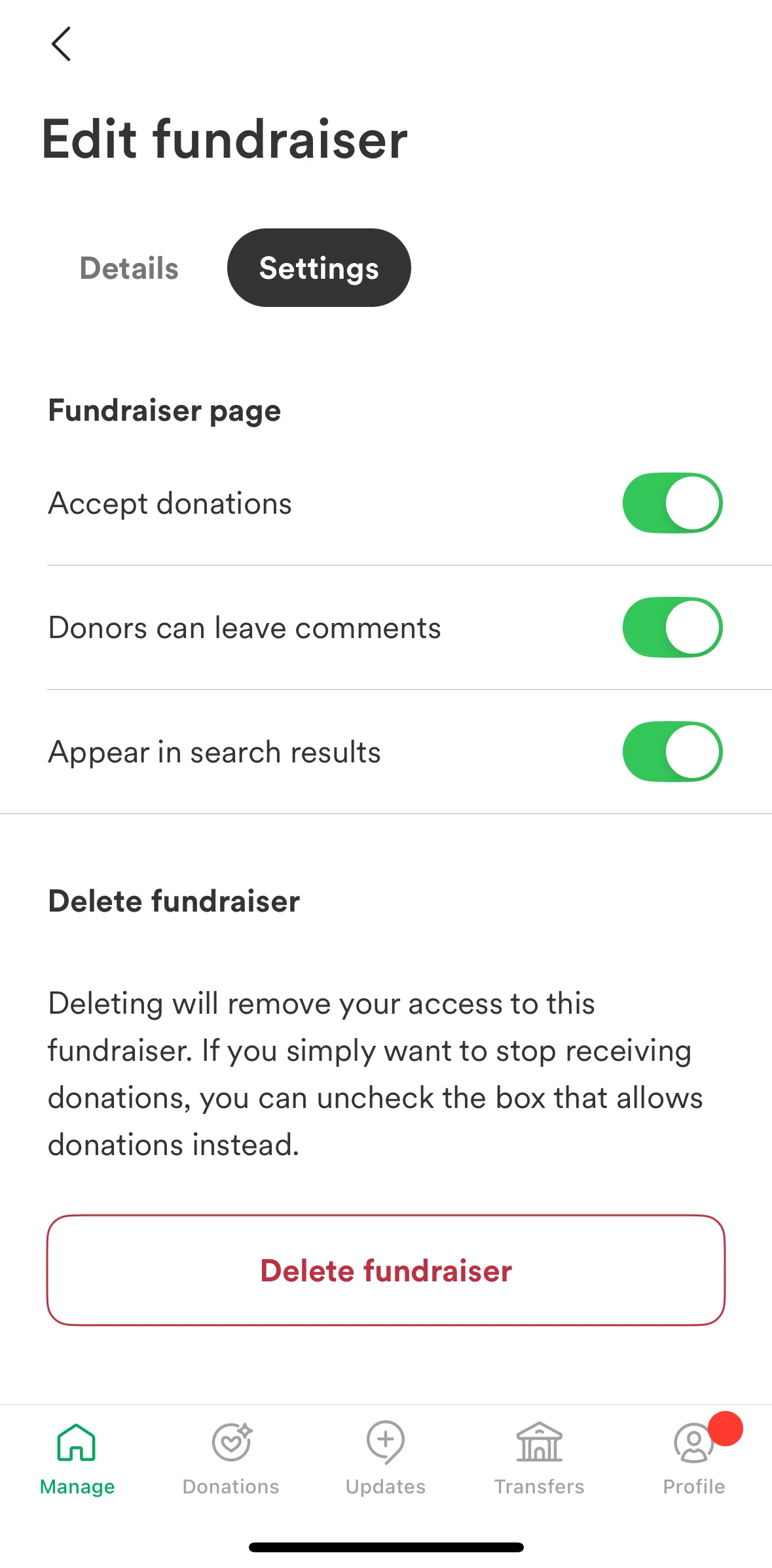Gofundme Screen screen in the Deleting a fundraiser flow