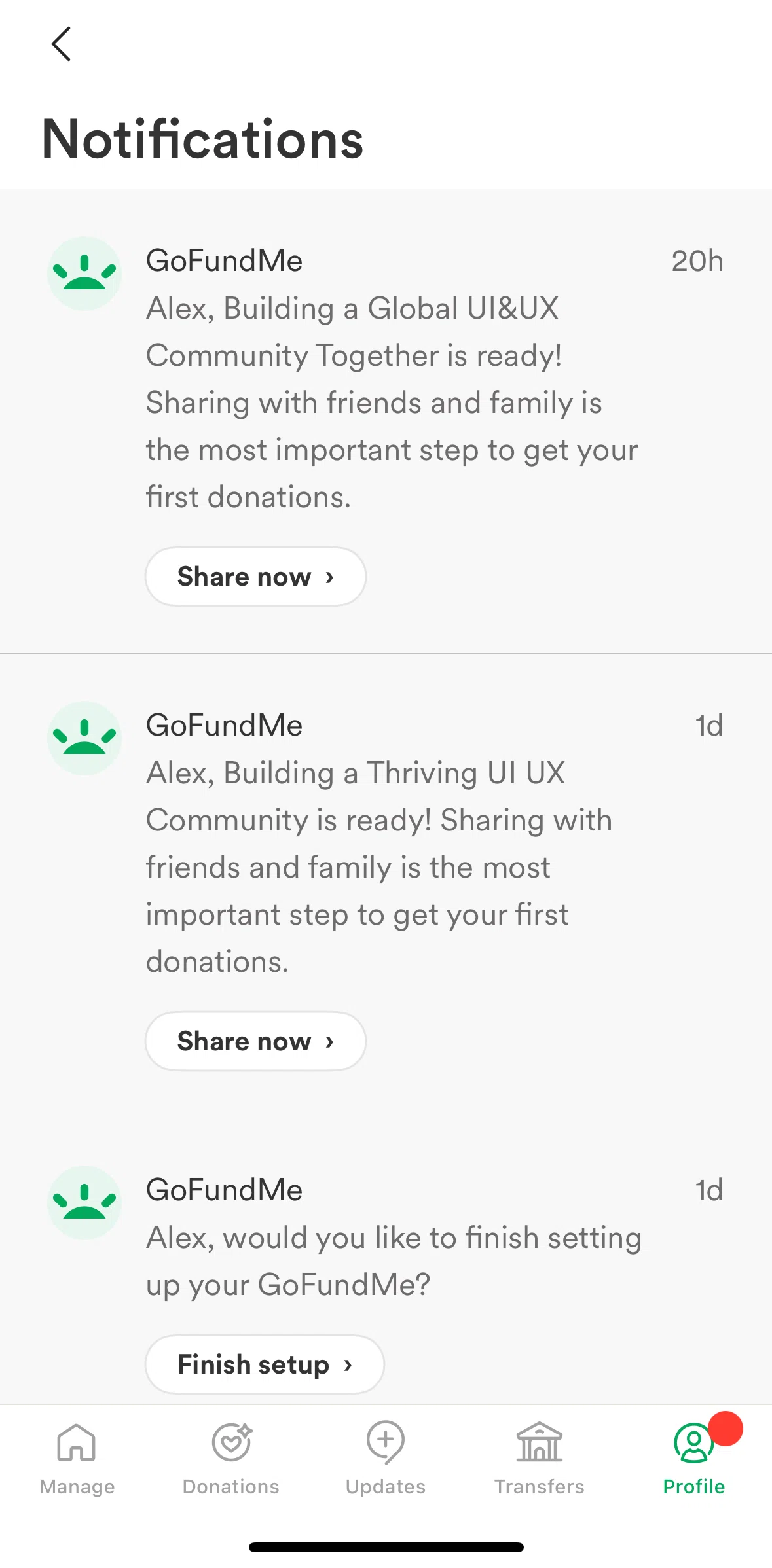 Gofundme Screen screen in the Deleting a notifications flow