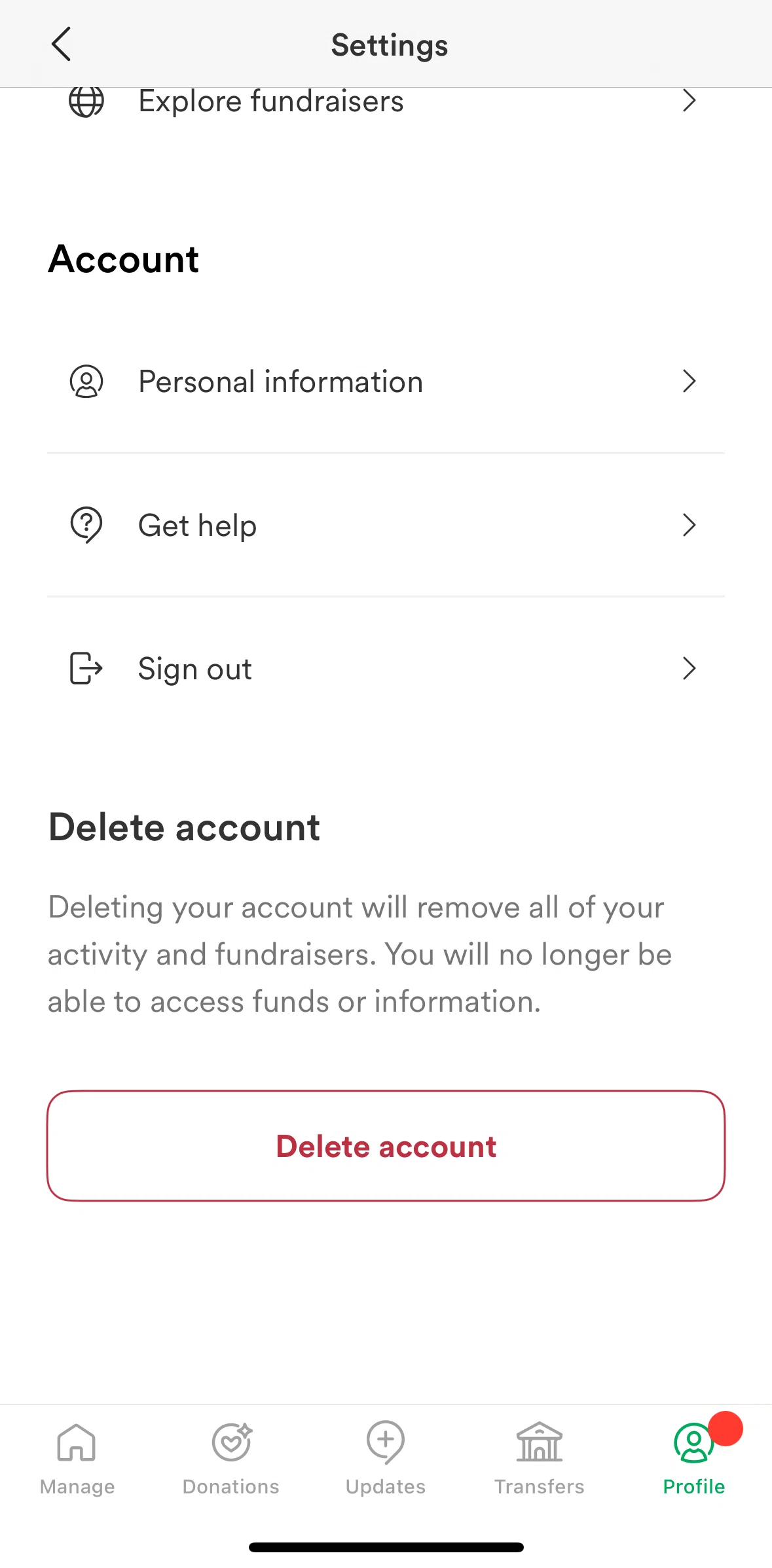 Gofundme Screen screen in the Deleting an account flow