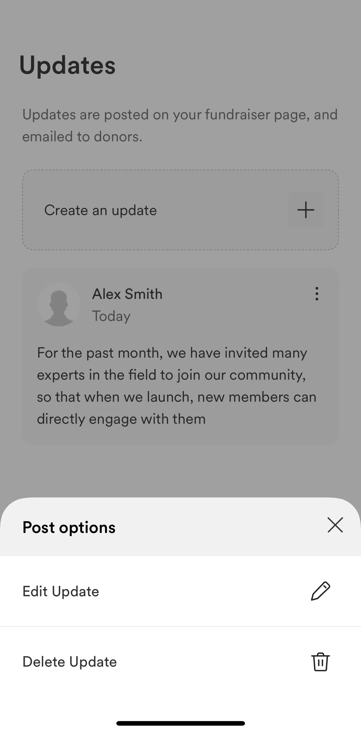 Gofundme Screen screen in the Deleting an update flow